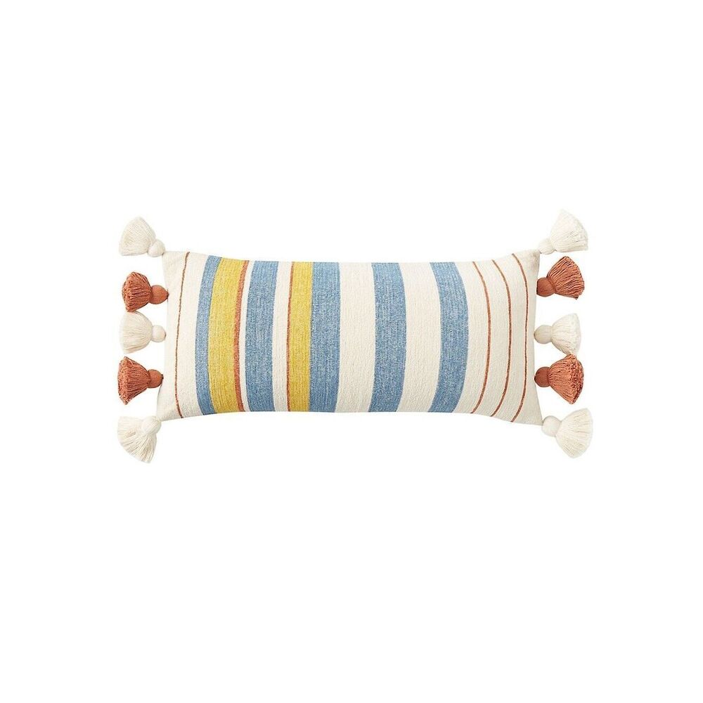 Striped Tassel Lumbar Pillow in Blue, Yellow & Cream